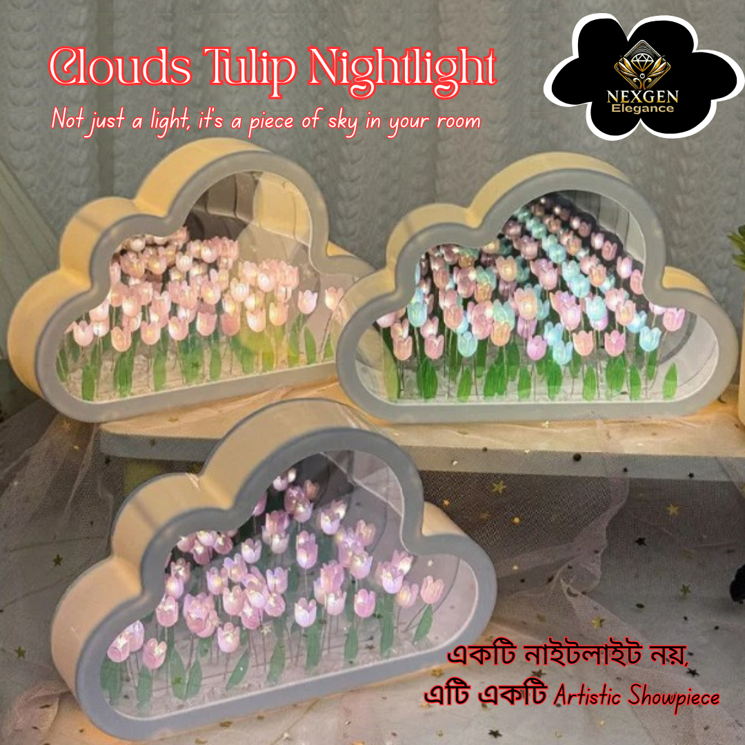 A set of three cloud-shaped nightlights with glowing tulip flowers inside, showcasing a soft, romantic ambiance. Features NexGen Elegance logo.