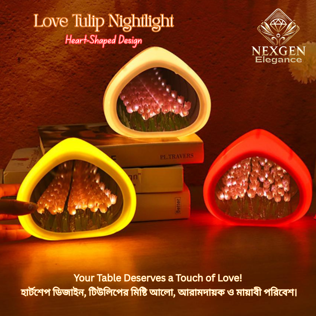 Three heart-shaped Love Tulip Night Lights in yellow, cream, and red, illuminating a stack of books with a soft, romantic glow. The "NEXGEN Elegance" logo is visible.