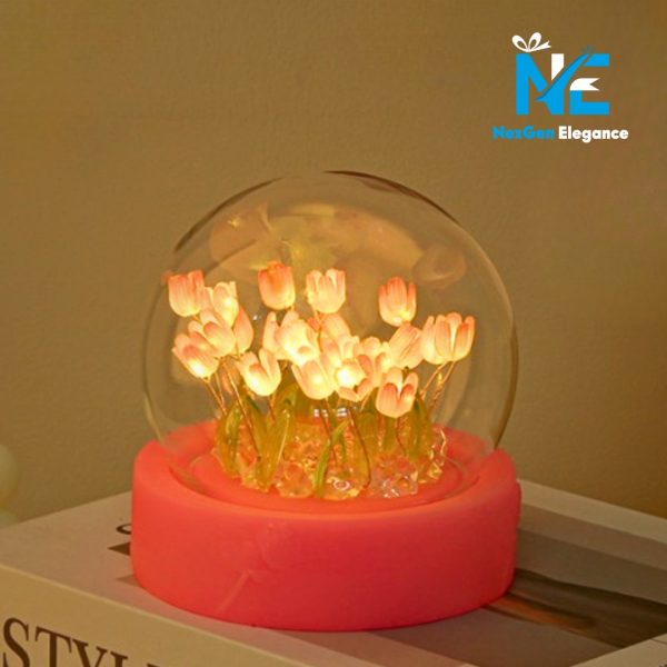 Pink tulip glow lamp under glass dome with LED light, perfect for bedroom lighting and romantic gifts