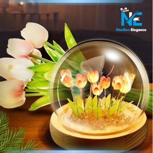 Pink tulip LED night light in glass dome with wooden base – romantic handmade decor and gift lamp.