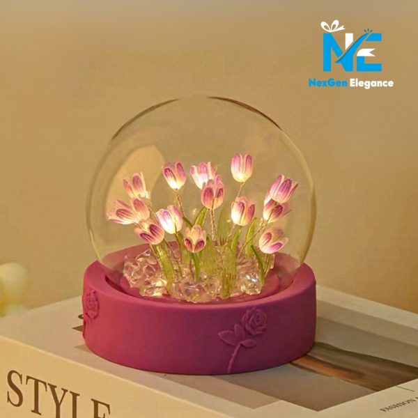 Purple tulip glow lamp inside glass dome with LED lights on purple base, perfect for home décor and gifts