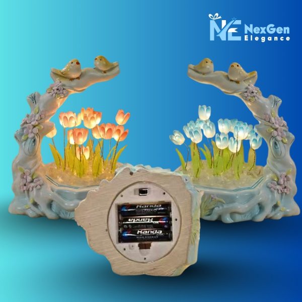 Ceramic night lights with tulip flowers in orange and blue glow, back view showing battery compartment for 3 × AA batteries