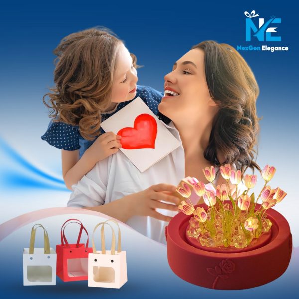 Lifestyle image with mother and daughter, girl holding a red heart card, glowing tulip lamp with red base and rose design, and gift bags in white, red, and pink with NexGen Elegance branding
